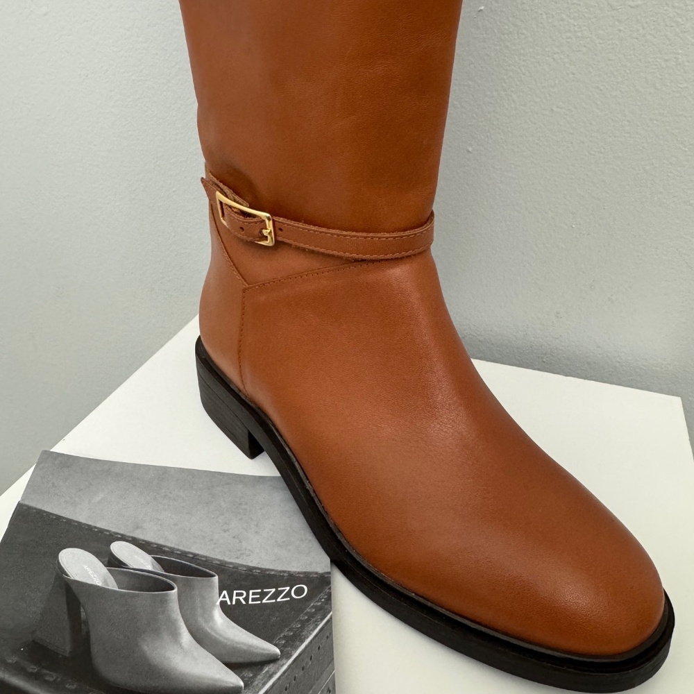 Arezzo Women’s Tall Leather Riding Boots Caramel , Gold Buckle Detail , NEW - Picture 3 of 11
